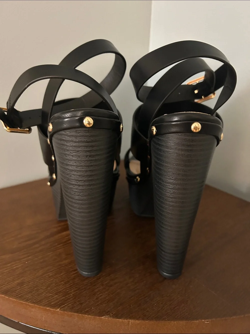 Shoe Dazzle Black Wide-Strap Platform Sandals with Ankle Wrap